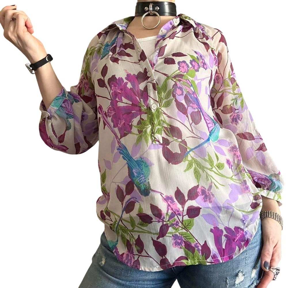 Women's Floral Hummingbird Printed Button Collared‎ Long Sleeve Blouse Size XS